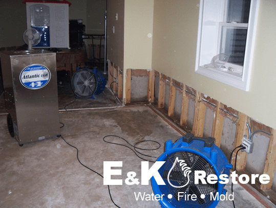Water damage drying equipment at a restoration project